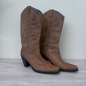 Franco Sarto Pointy Cowboy Western Block Heels Leather Boots 8M Brown Festival